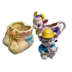 Vintage Japanese ceramics .. bundled. Come, booties and a bear holding a kitty.